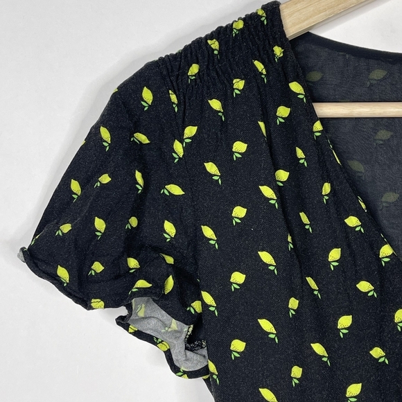 2/$30 ZARA Lemon Print Fit and Flare Black Dress V-Neck Scalloped Sleeve #6871 - Picture 5 of 16